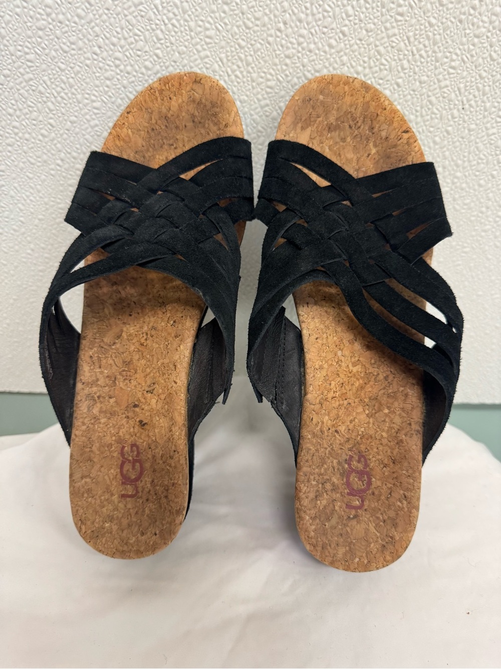 UGG Black Suede Woven Cork Slide Sandals Sz 8